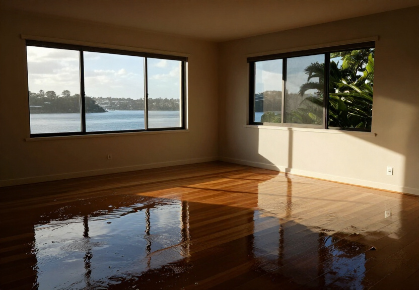 Flood-damaged living room in Old Toongabbie before restoration